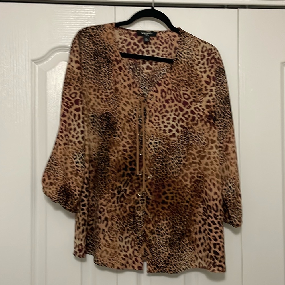 Women’s Nine West Brown Animal Print Top with leather ties/lace-up front, Large
